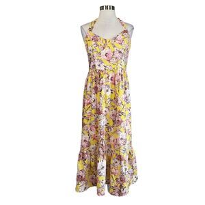 Yellow Floral Print Sleeveless A-Line Midi Dress Size 10 BARDOT Colorful Linen